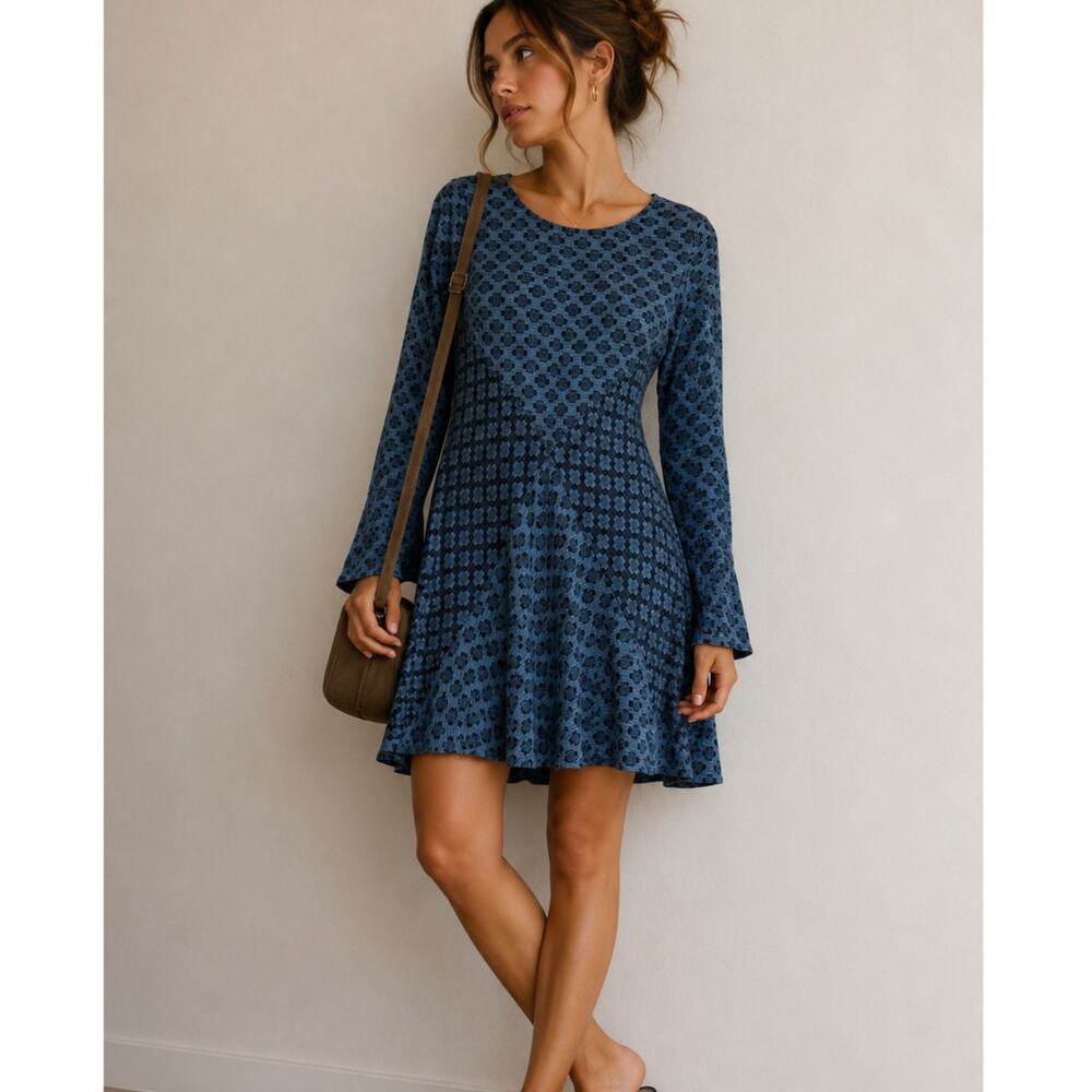 Ace & Jig Blue Patchwork Lagenlook Long Sleeve Mini Dress Womens XS Boho Swing
